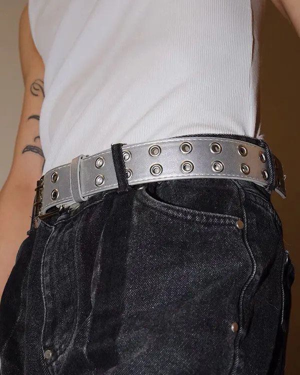 Japanese Brand Outdoor y2k punk metallic pu leather double eyelet belt Size ONE SIZE - 3 Thumbnail