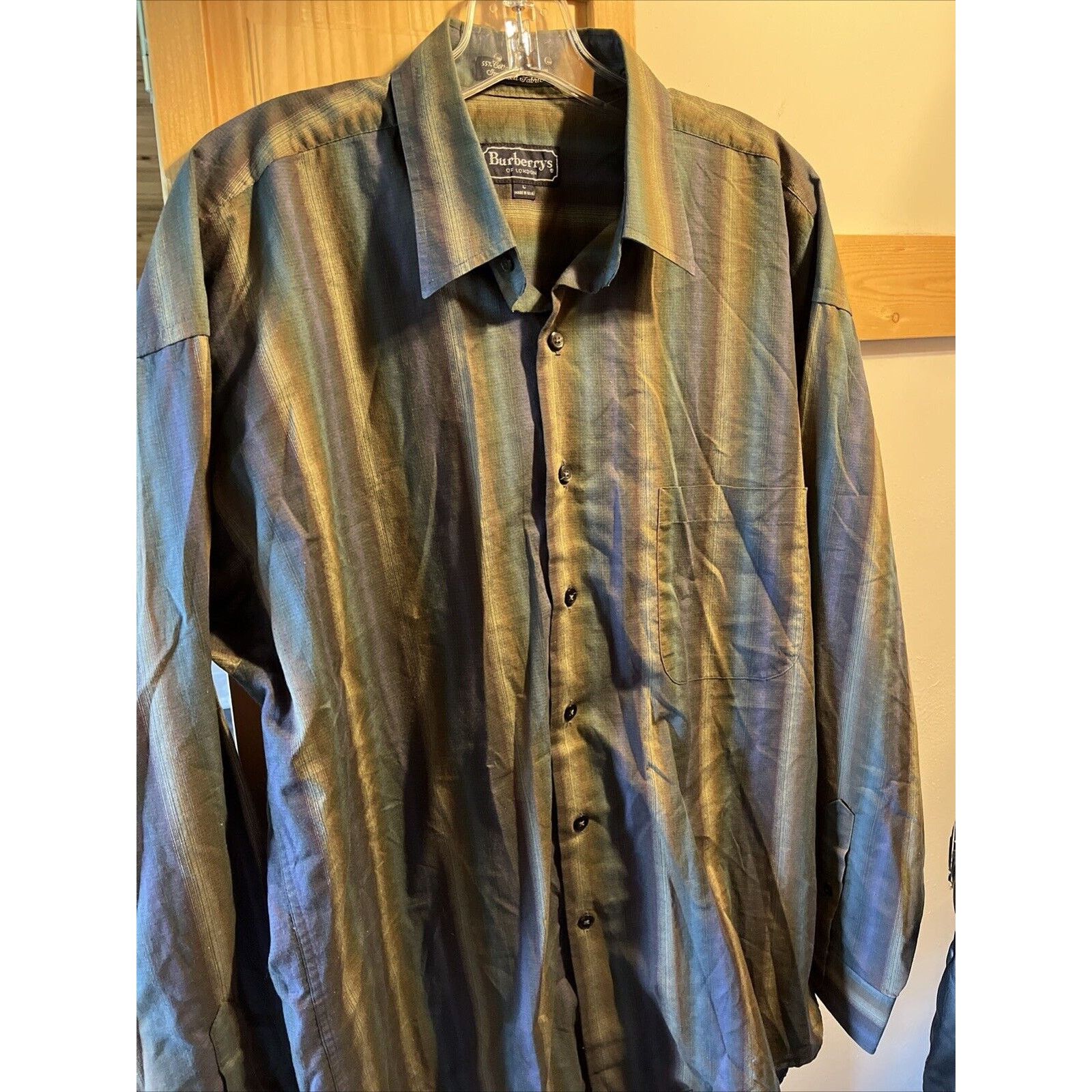 Burberry Burberrys Men's Large Button Shirt Green Purple Plaid Cotton Size US L / EU 52-54 / 3 - 2 Thumbnail