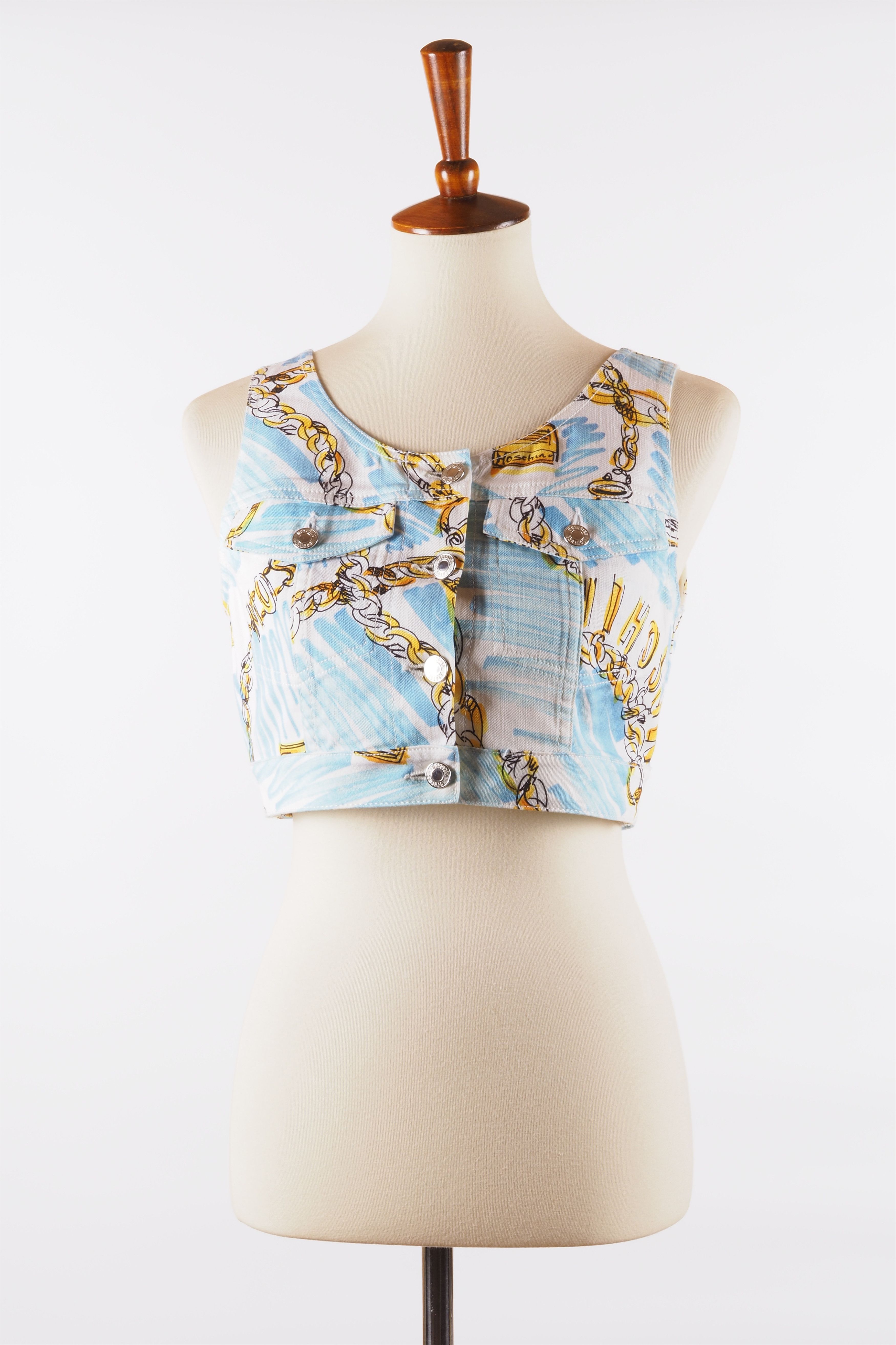 MOSCHINO Couture Blue Gold Denim Crop Top Jacket Vest