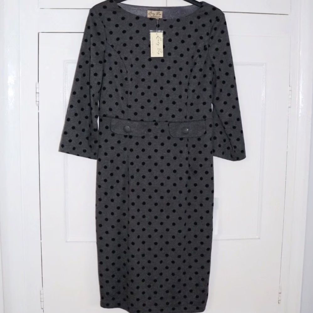 Vintage Lindy Bop Olivia Grey Polka Dot Wiggle Dress UK 10 Women’s New With Tags Size L / US 10 / IT 46 - 2 Thumbnail