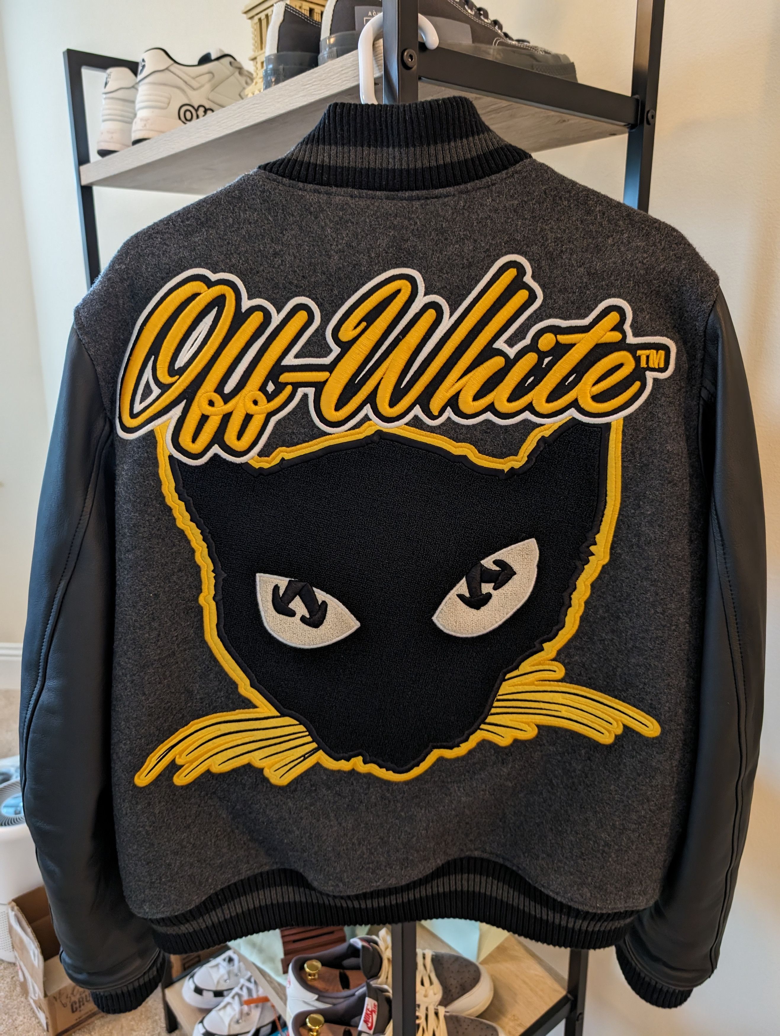 image of Off White Cat Leather Varsity Jacket in Black, Men's (Size Medium)