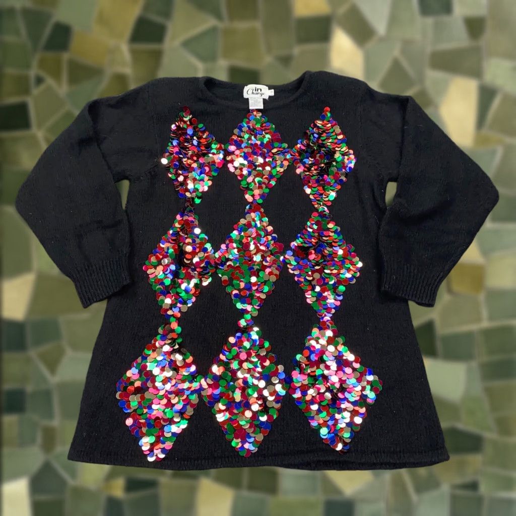 Vintage In Charge Women's Sweater S Black Angora Silk Lambswool Sequin Crew Neck Holiday Christmas Pullover Knit Womens Size S / US 4 / IT 40 - 1 Thumbnail