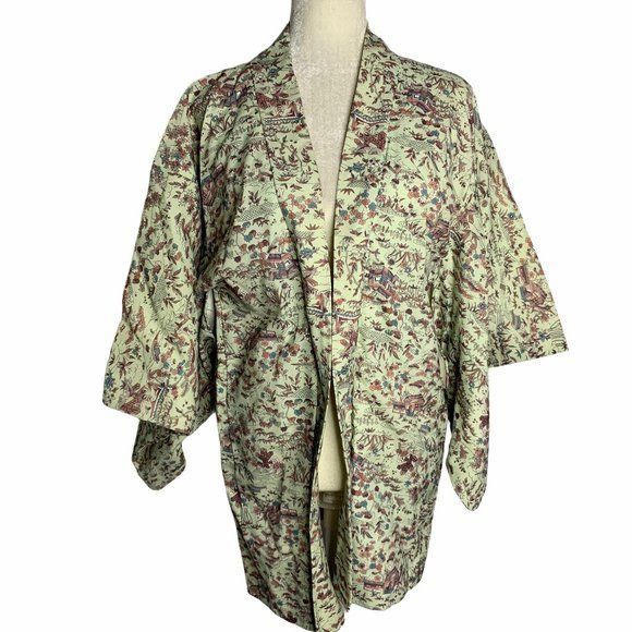Vintage Vintage Floral Kimono Short Robe Jacket M Light Green Floral