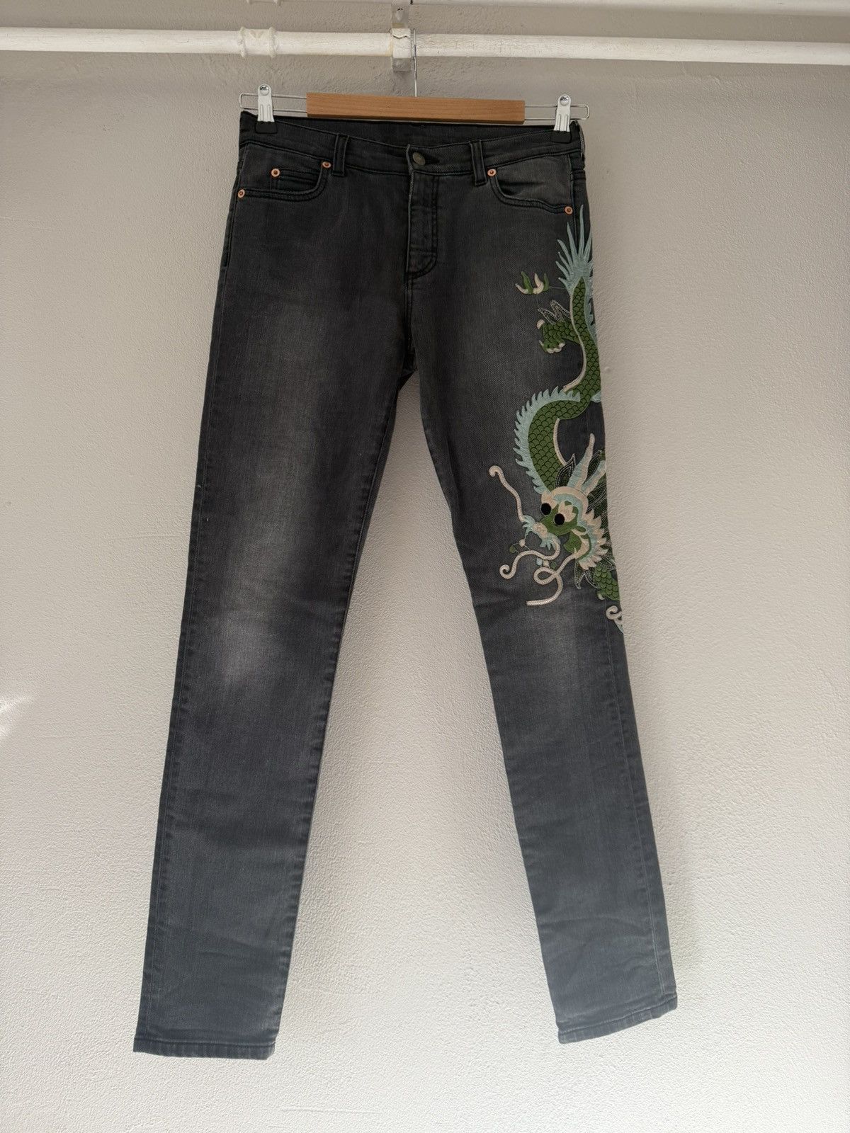 Gucci Slim Grey Jeans with Dragon Embroidery Size US 29 - 1 Thumbnail