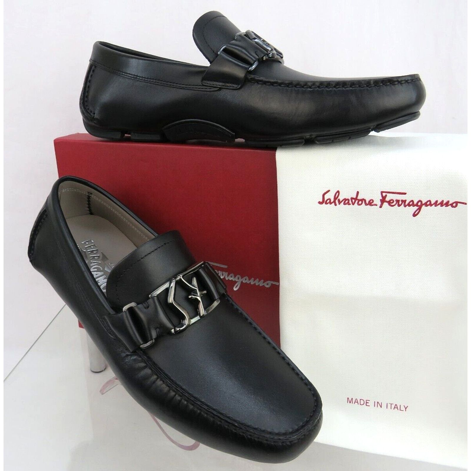 Salvatore Ferragamo FERRAGAMO PETER BLACK LEATHER LOGO DRIVING LOAFERS 8.5 EE Size US 9.5 / EU 42-43 - 4 Thumbnail