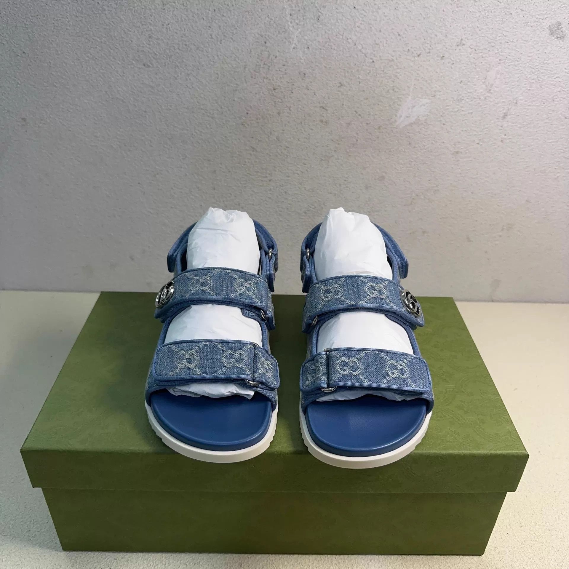 Gucci Women's GUCCI Denim All-Over Double C Velcro Sandal Blue Size US 4.5 / IT 34.5 - 2 Thumbnail