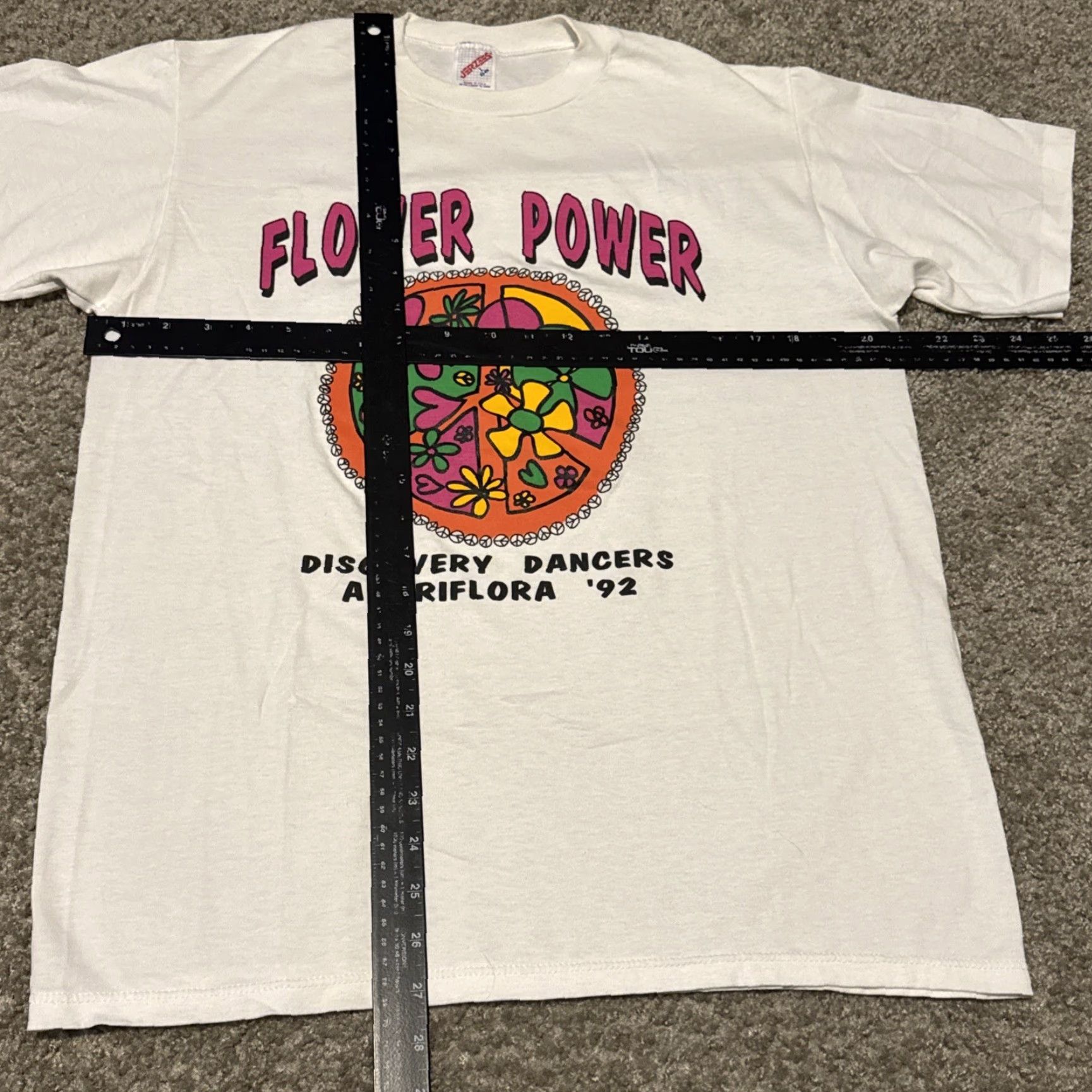 Jerzees VINTAGE 1992 Flower Power Discovery Dancers Peace Sign Hippie White T-Shirt Large Size US L / EU 52-54 / 3 - 5 Thumbnail