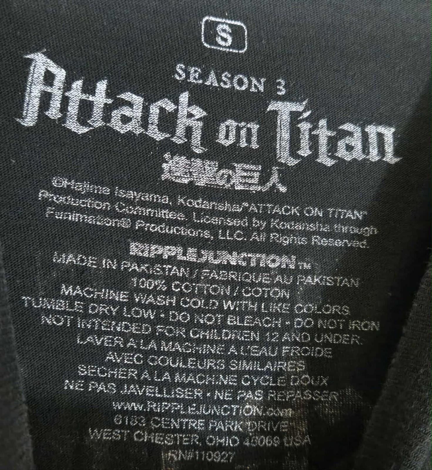 Ripple Junction Anime Attack on Titans T-Shirt Black Graphic Season 3 #6 Size US S / EU 44-46 / 1 - 4 Thumbnail