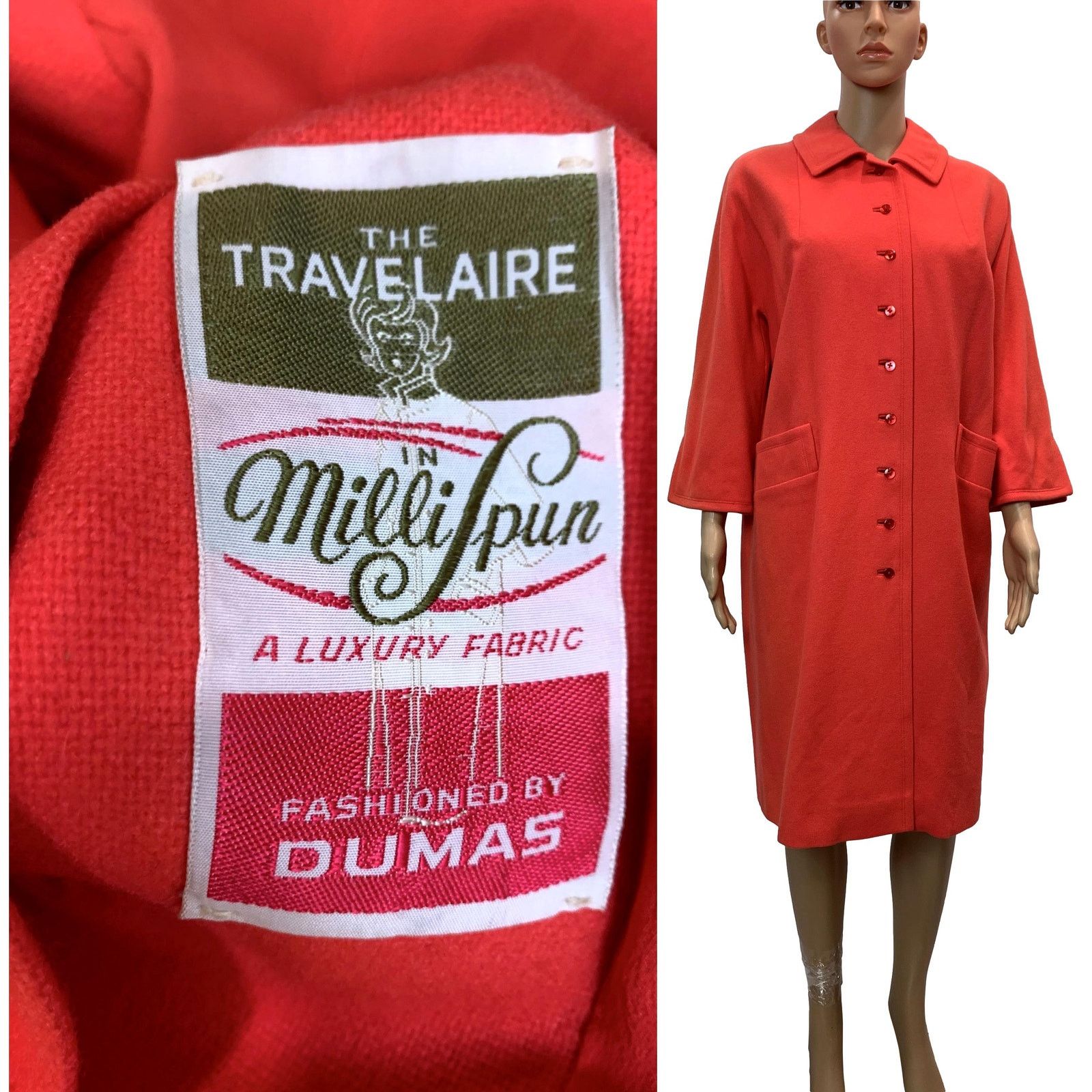Vintage 60s Coral Orange Pink Wool Midi Coat | Overcoat Mid Century Size S / US 4 / IT 40 - 1 Thumbnail