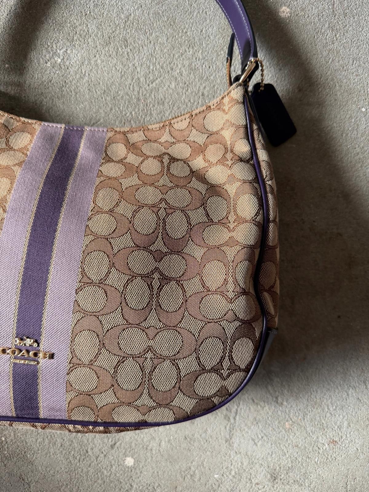 Coach Coach Signature Hobo Stripe Canvas Shoulder Bag Beige/Purple Size ONE SIZE - 4 Thumbnail