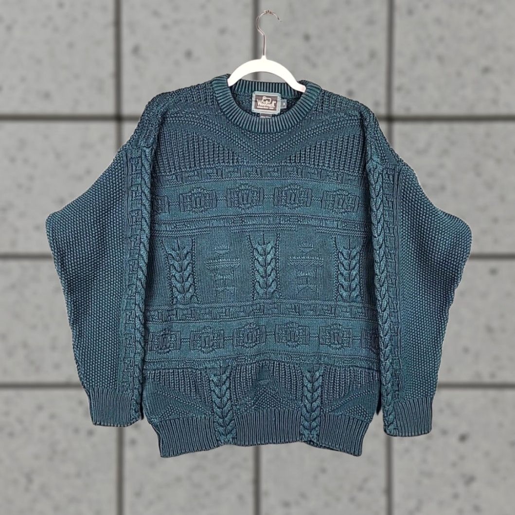 VINTAGE Woolrich Mens Medium Green Cable Knit Crew Neck Sweater