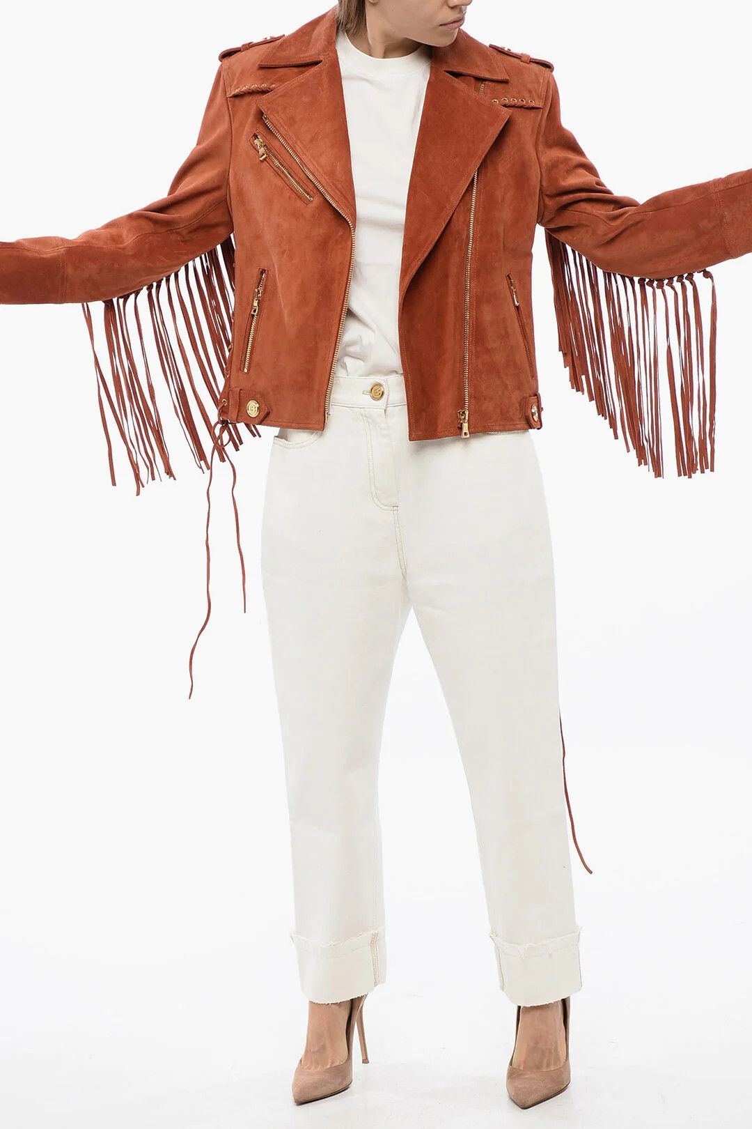 Balmain og1mm0326 Fringed Suede Biker Jacket in Orange Size S / US 4 / IT 40 - 4 Thumbnail