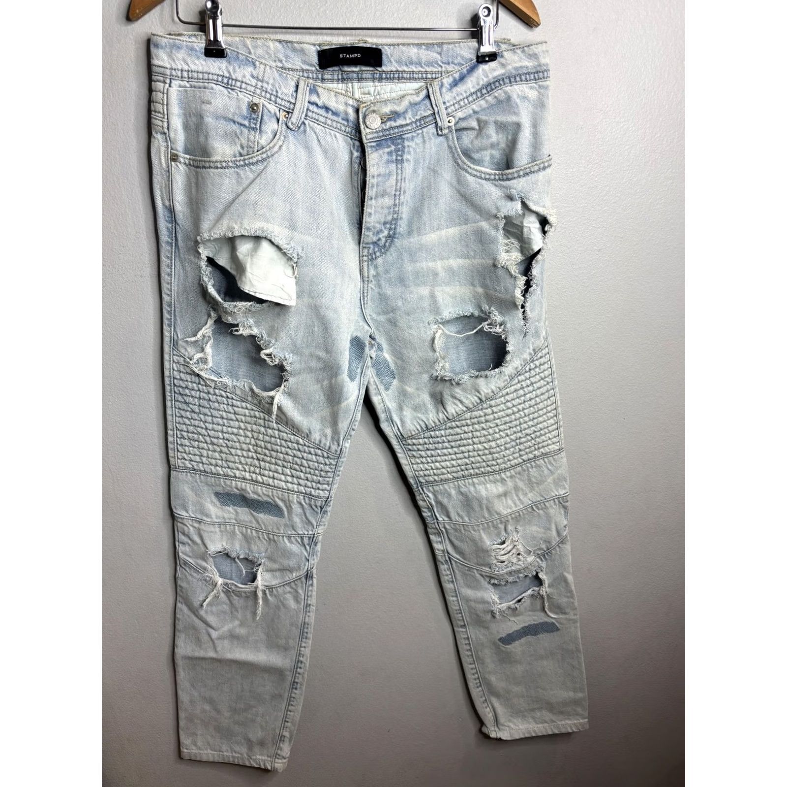 Stampd STAMPD Jeans Mens 34x34 Light Wash Moto Biker Distressed Ripped Denim Quilted Size US 34 / EU 50 - 2 Thumbnail
