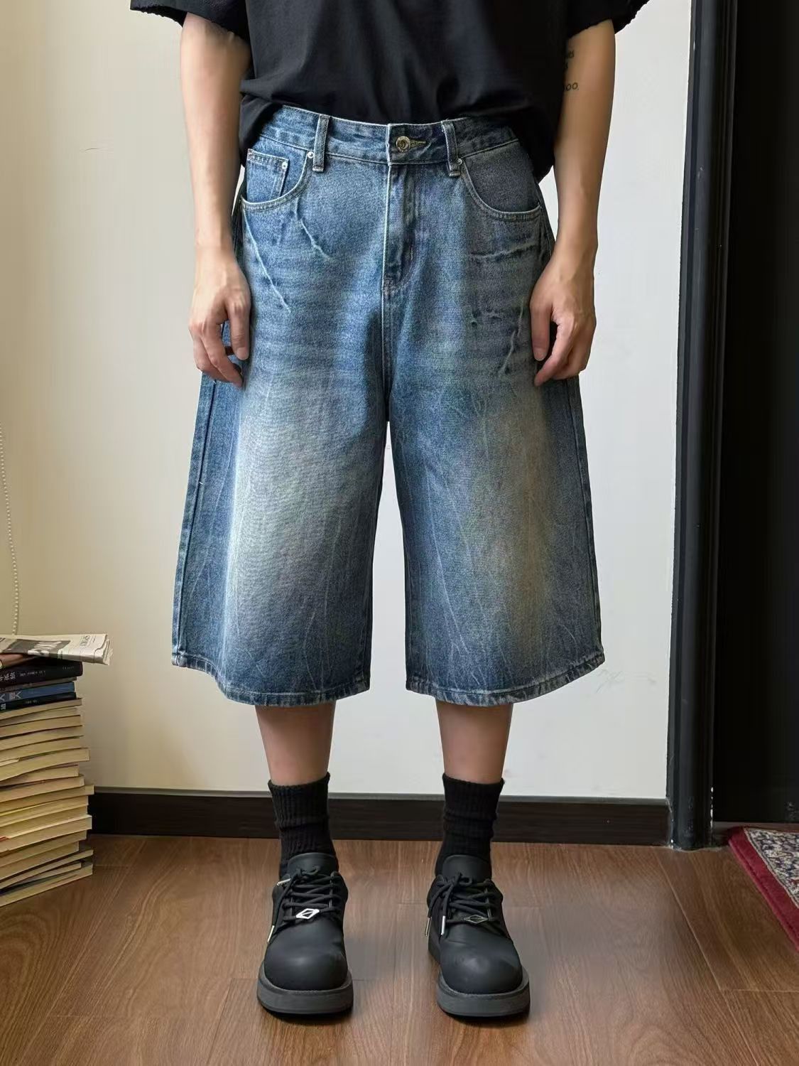 Japanese Brand × Jean Street washed distressed lightning denim shorts y2k Size US 32 / EU 48 - 1 Thumbnail