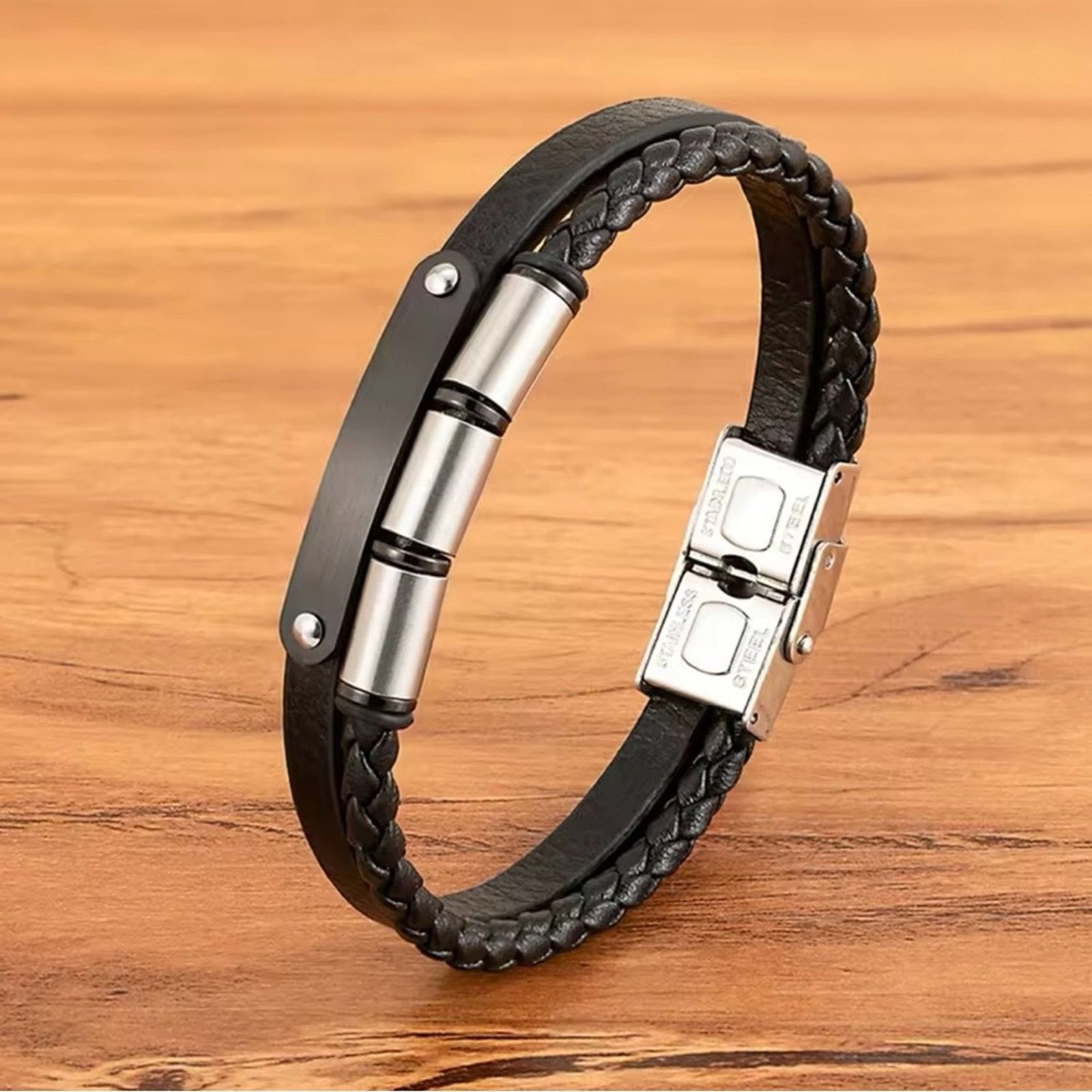 Other Men Double Layer Leather Bracelet Stainless Steel 8” Size ONE SIZE - 1 Thumbnail