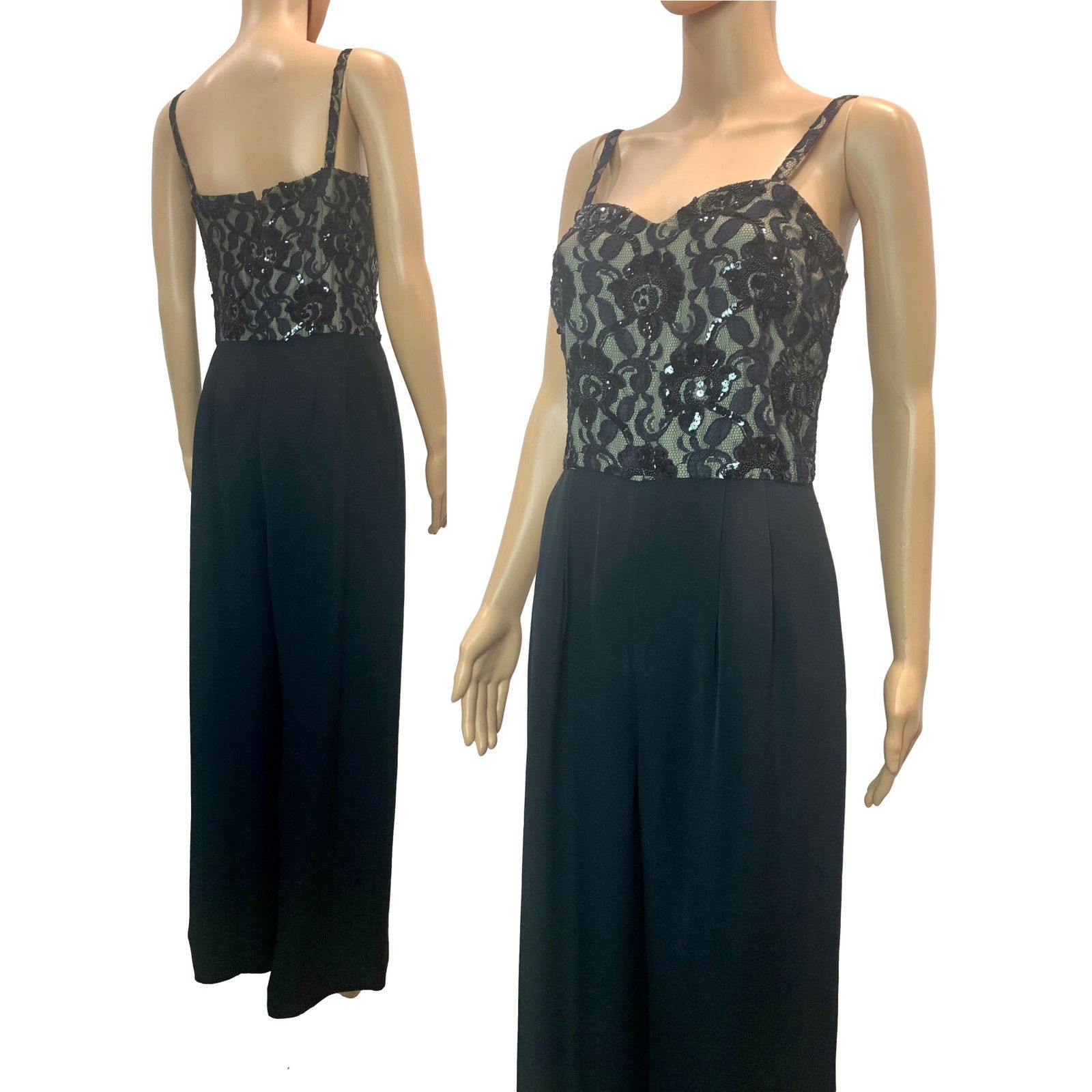 Vintage 80s Nolan Miller Black Jumpsuit Lace Beads and Sequins XS Size 27" / US 4 / IT 40 - 2 Thumbnail