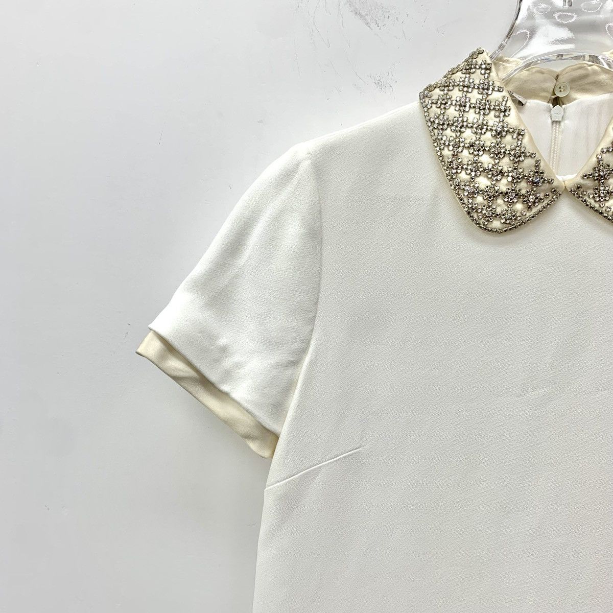 Miu Miu Miu Miu White Rhinestone Lapel Short Sleeve Dress K26WX Size S / US 4 / IT 40 - 3 Thumbnail