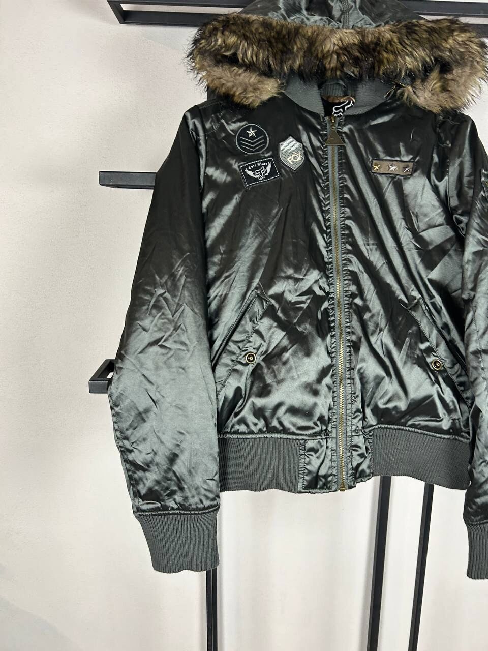 Fox Racing Fur Trim Bomber Jacket Y2K Military Patch Nylon Black Size US M / EU 48-50 / 2 - 3 Thumbnail