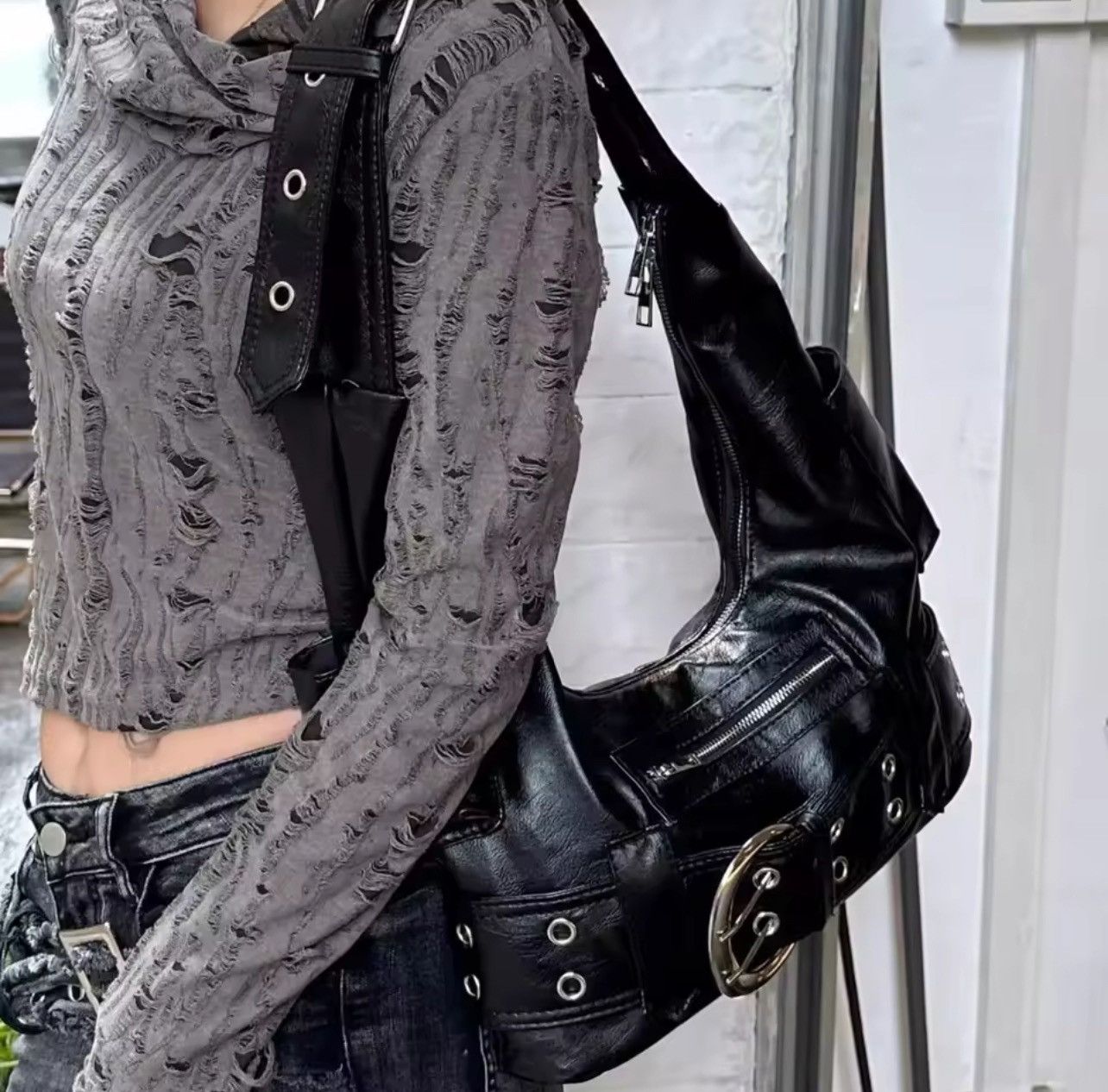 Leather Streetwear Punk Black Shoulder Crossbody Bag Y2k Size ONE SIZE - 2 Thumbnail
