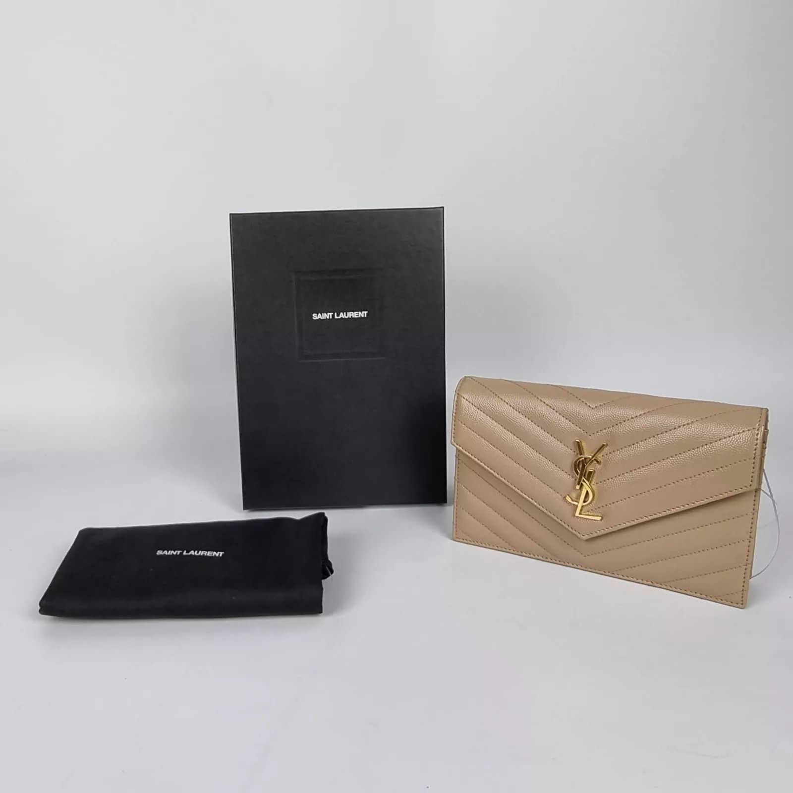 Saint Laurent Paris YSL Cassandre Envelope Dk Beige Grained Chain Wallet Size ONE SIZE - 2 Thumbnail
