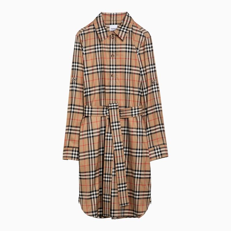 image of Burberry Beige Check Pattern Cotton Chemisier Dress, Women's (Size Small)