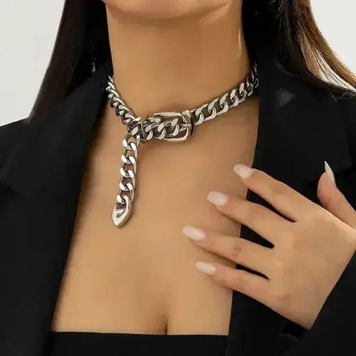 Jewelry Buckle Belt Choker Necklace in Silver, Men's