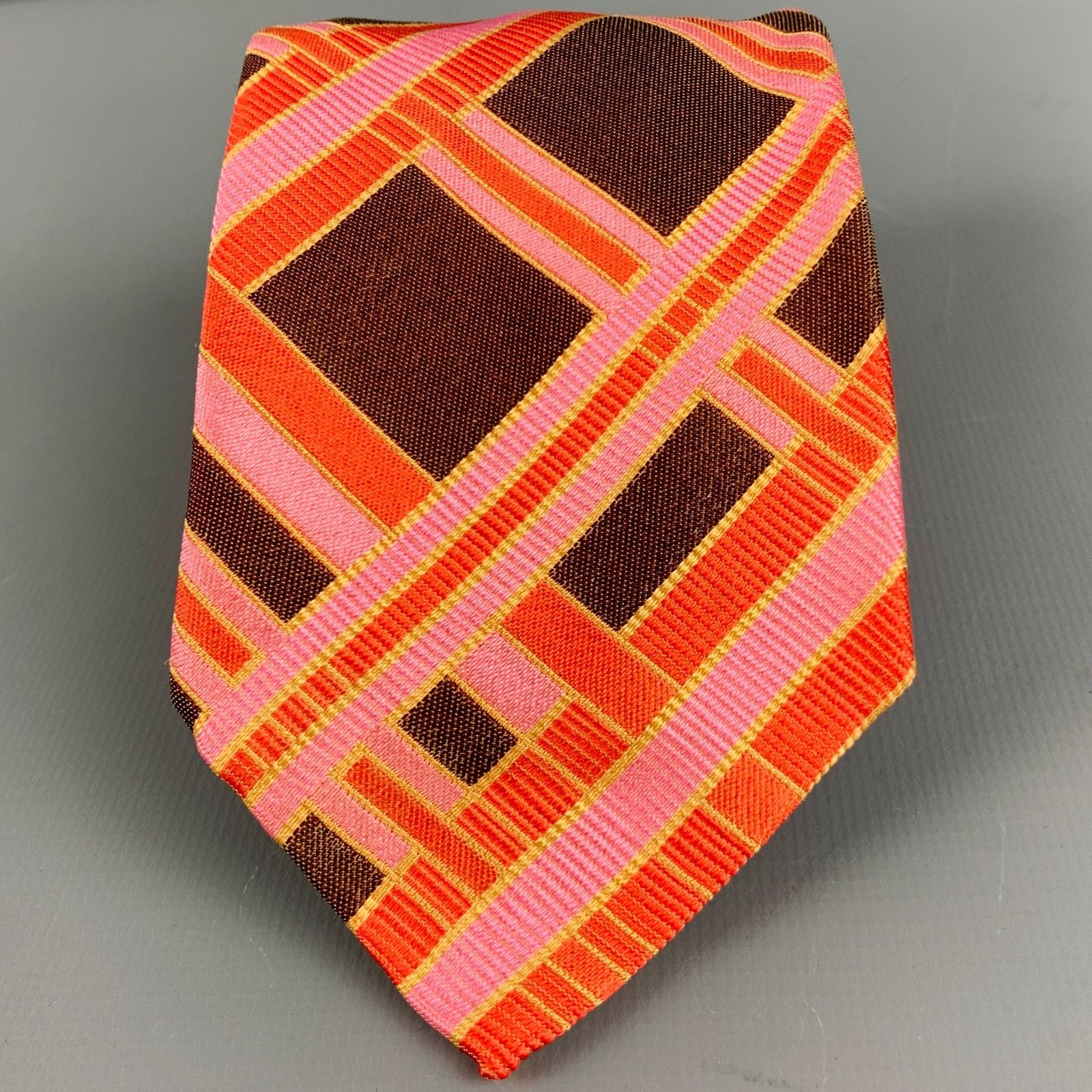 Other NO BRAND Brown Pink Orange Plaid Silk Tie Size ONE SIZE - 1 Thumbnail