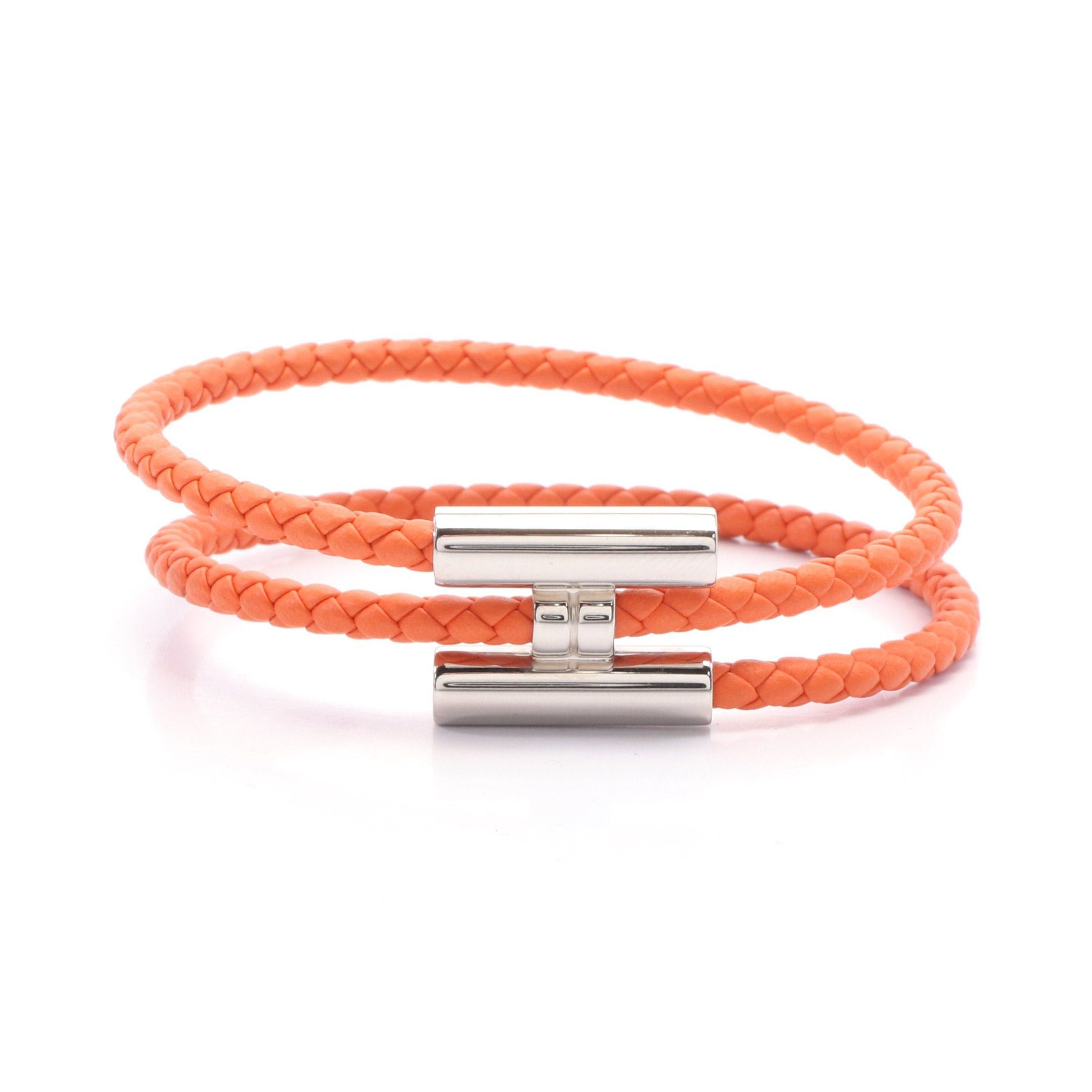 Hermes Hermes Tourni Tresse Bracelet Leather Orange Silver Size ONE SIZE - 1 Thumbnail