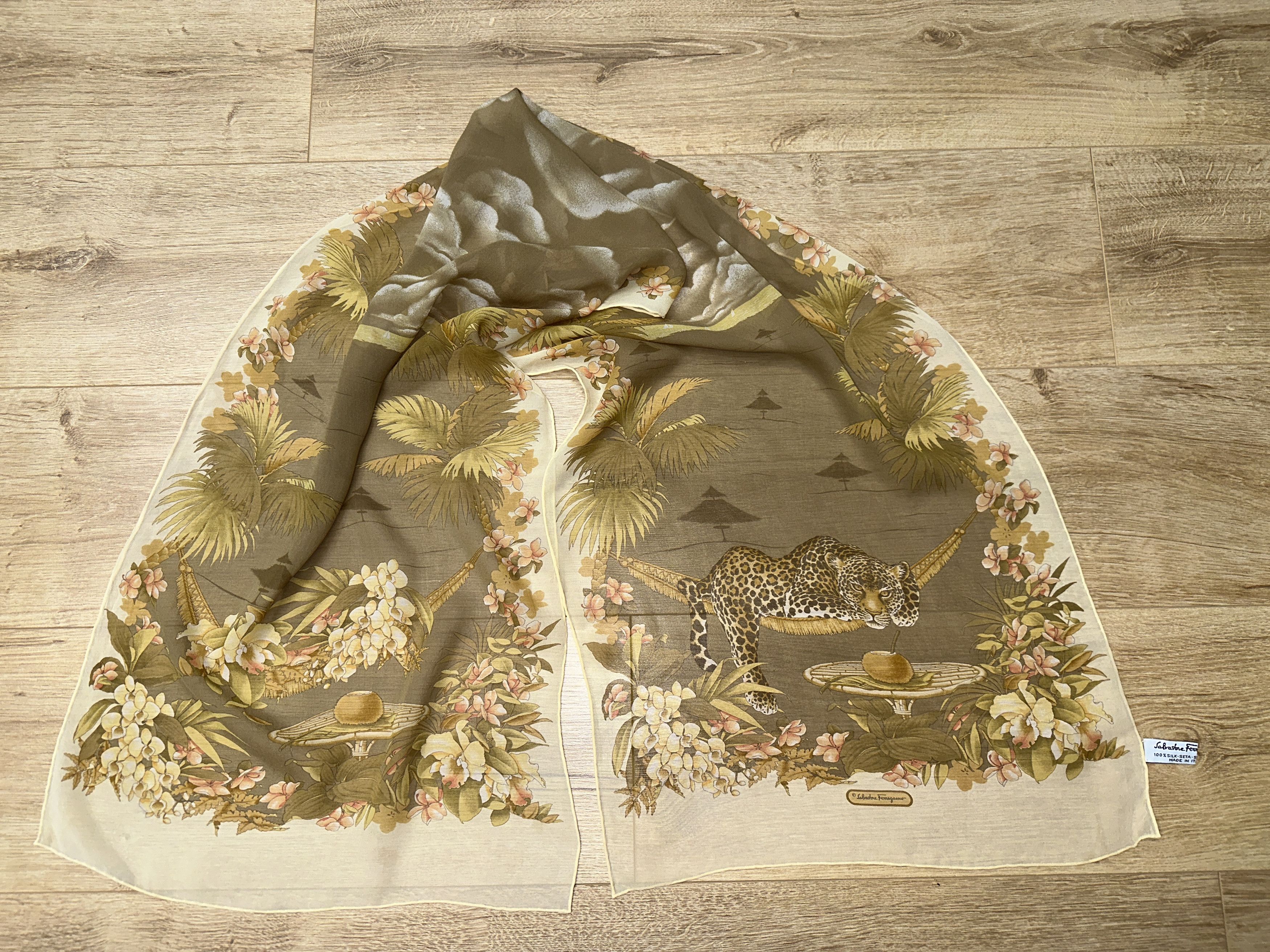 Salvatore Ferragamo Salvatore Ferragamo Leopard Tropical Resort 100% Silk Scarf Size ONE SIZE - 6 Thumbnail