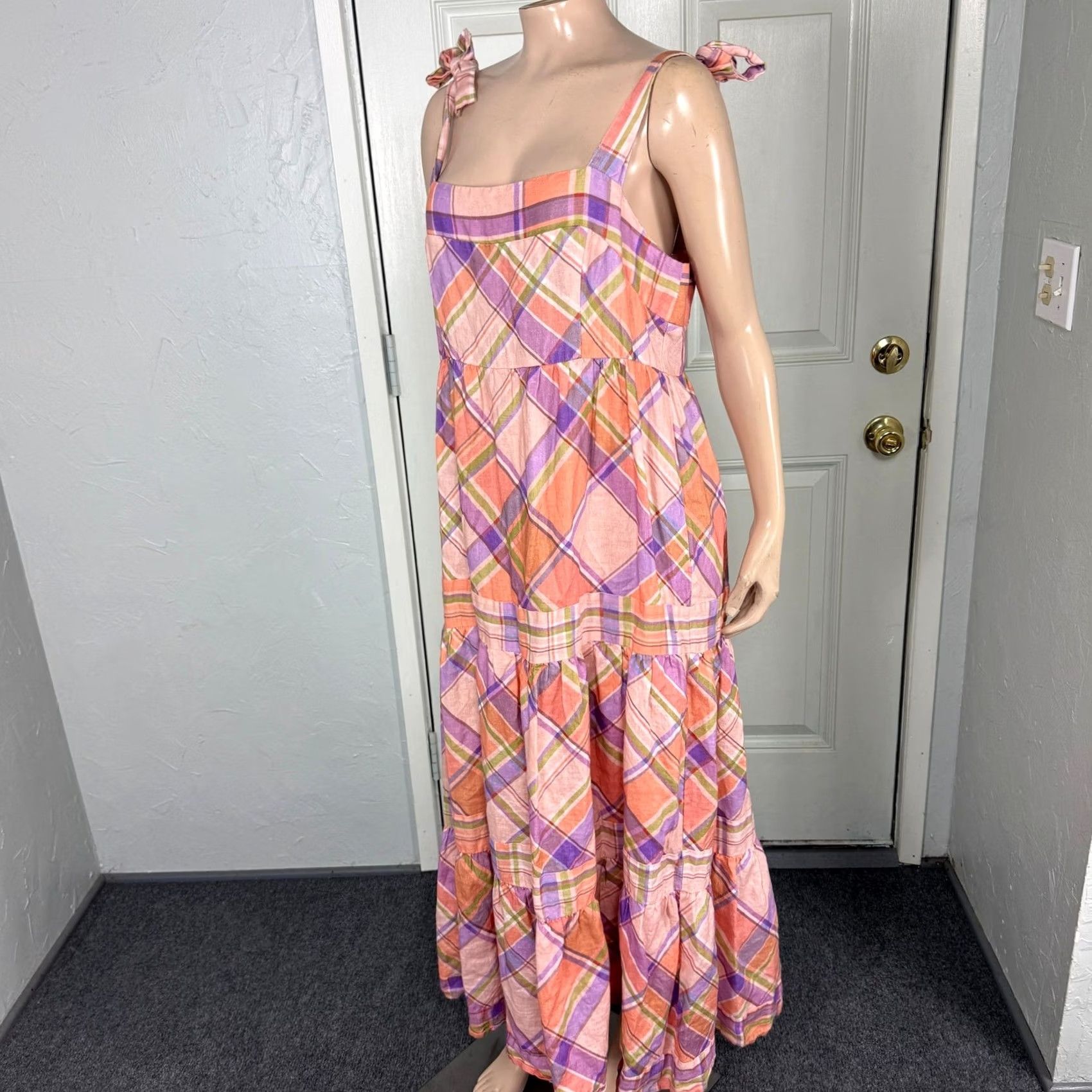 Anthropologie Anthropologie Kachel Dress Plaid Maxi Linen Pink Long D4-2 L Adult Women Sleeveless Square Neck Pullover Lightweight Casual Size L / US 10 / IT 46 - 3 Thumbnail