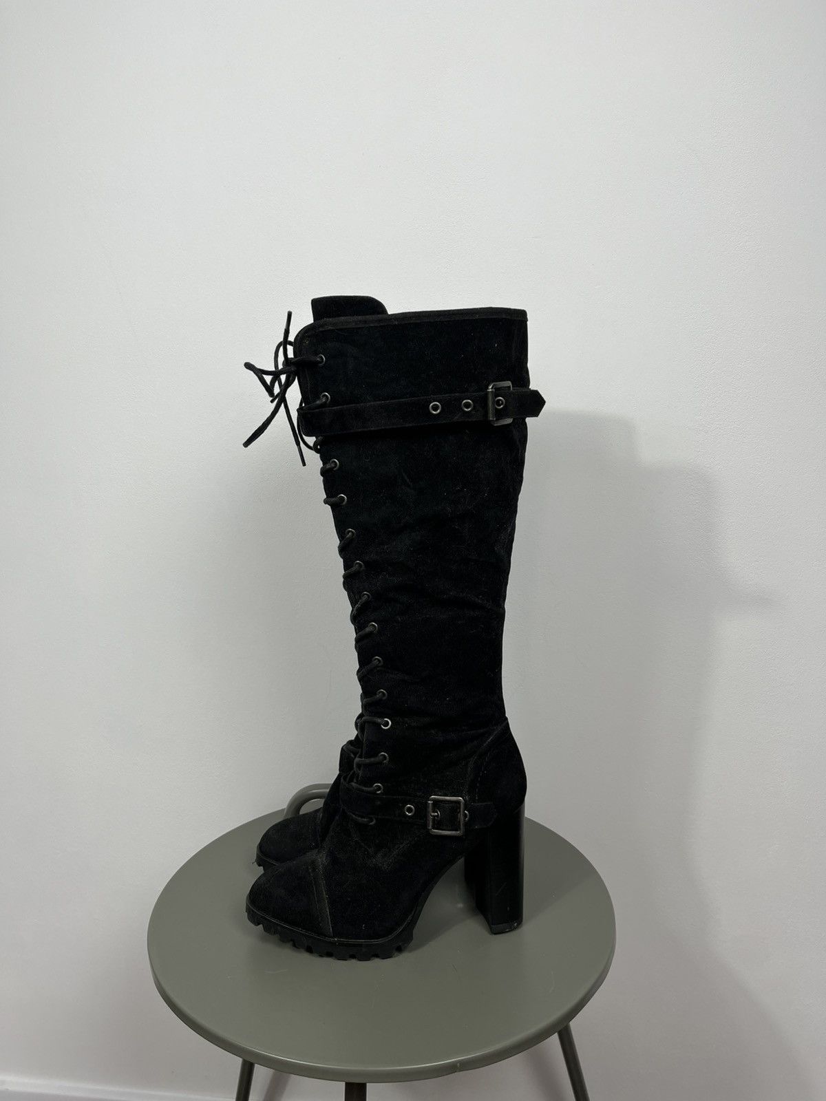 Other Black Suede Knee High Lace Up Platform Heeled Boots US 9 Size US 9 / IT 39 - 5 Thumbnail
