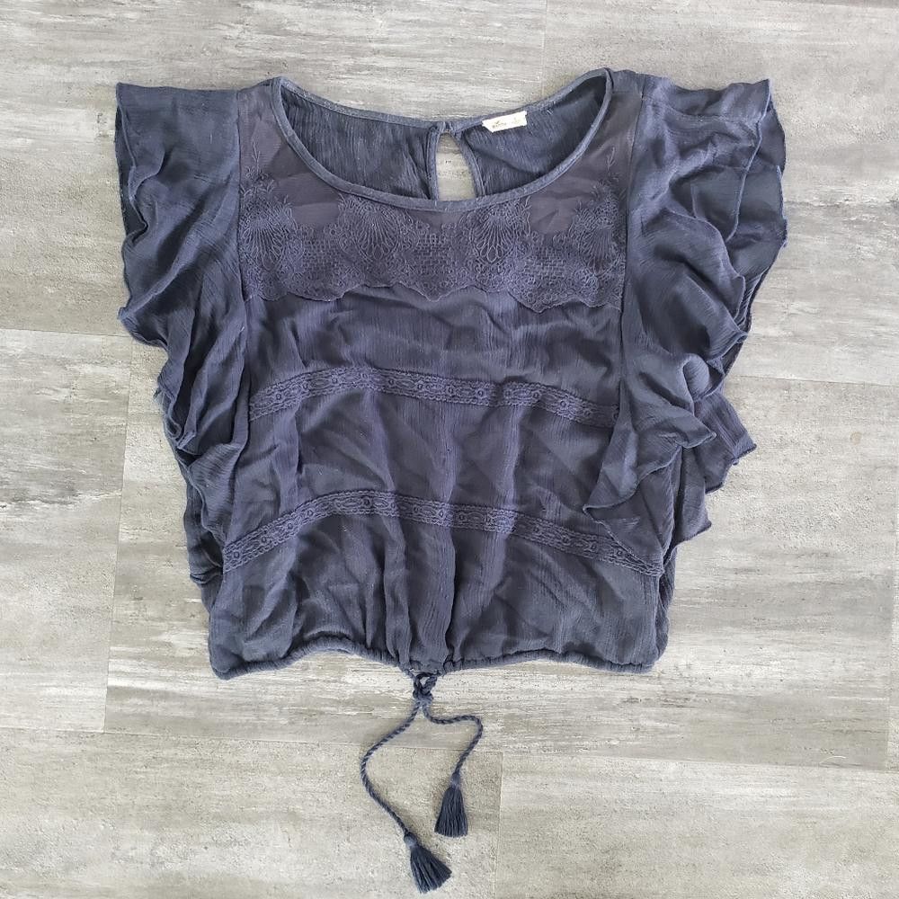 Designer Navy Drawstring Hollister Cropped Ruffle Sleeve Size S / US 4 / IT 40 - 1 Thumbnail