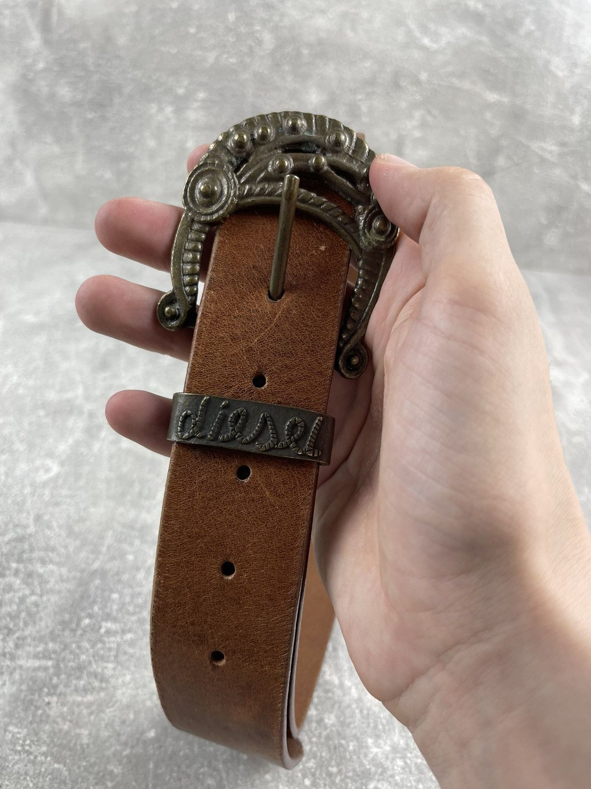 Diesel × Vintage Diesel Vintage Avant Garde Buckle Pattern Western Brown Belt Size ONE SIZE - 9 Thumbnail