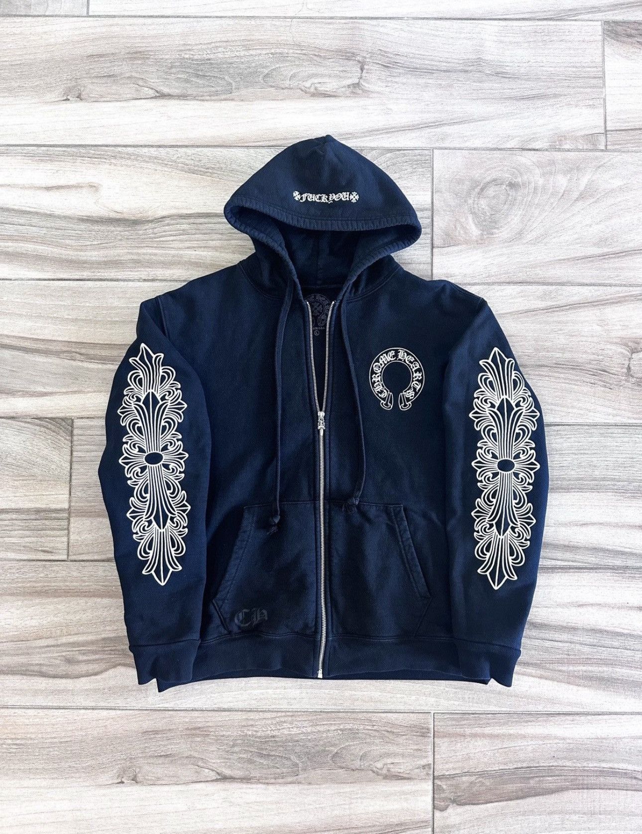 CHROME HEARTS◆Horseshoe Floral Fuck You Fleece ZipUp Hoodie CHROME HEARTS HORSE SHOE FUCK YOU FLORAL ZIP UP HOODIE