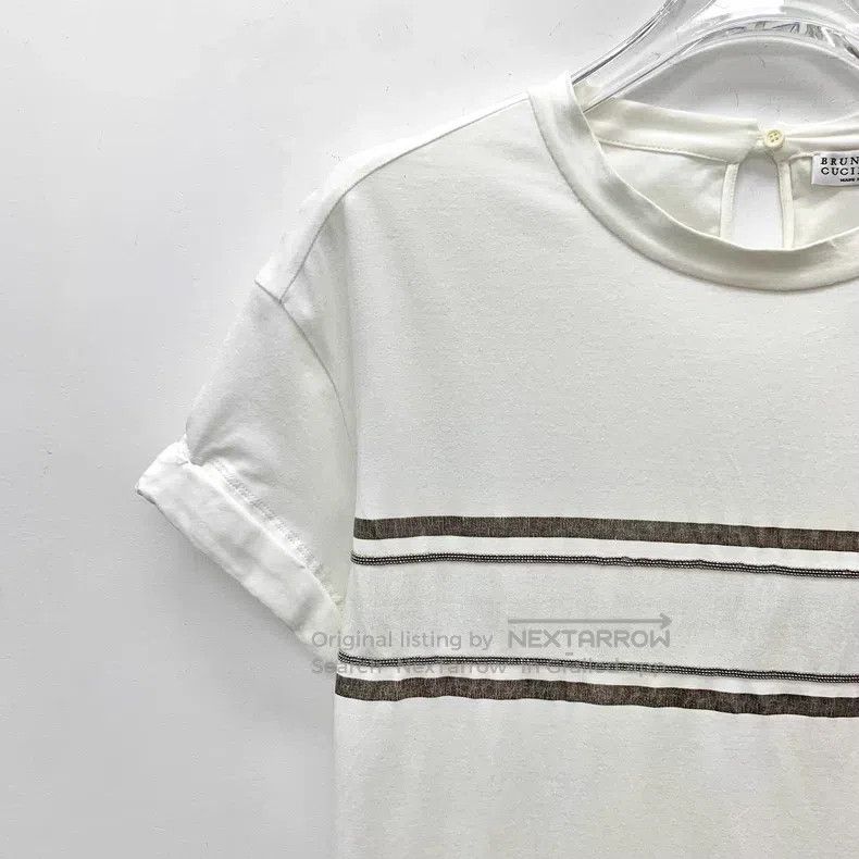 Brunello Cucinelli Brunello Cucinelli White Striped Beaded Cotton Short Sleev Size XS / US 0-2 / IT 36-38 - 3 Thumbnail
