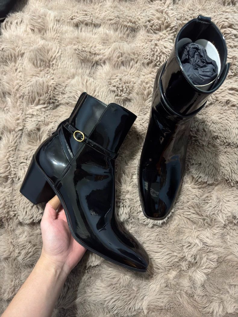 Saint Laurent Paris Saint Laurent Paris Gold buckle patent leather men's boots Size US 9 / EU 42 - 1 Thumbnail