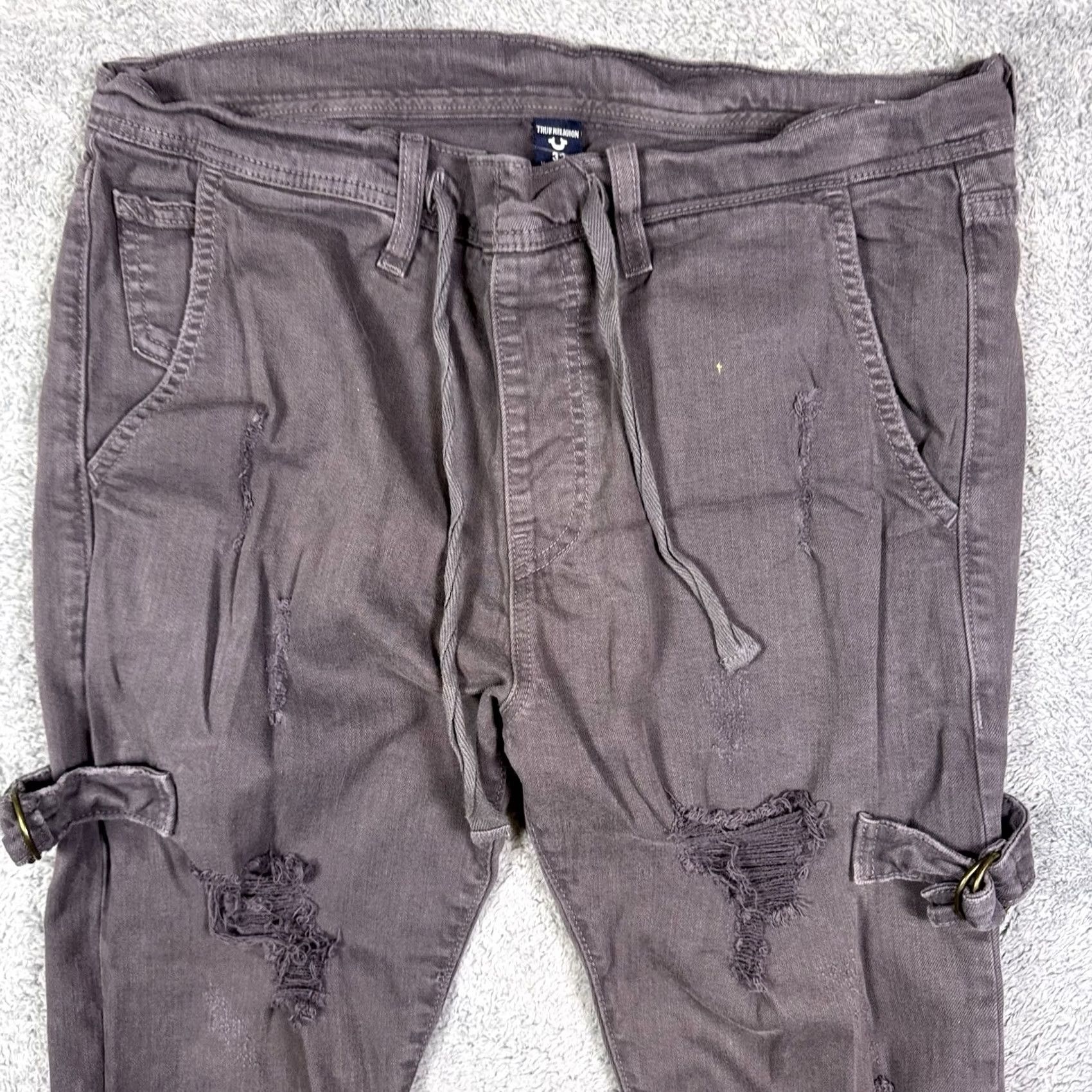 True Religion True Religion Jeans Mens Slim 5-Pocket Denim Gray 36x29 Mick Distressed Short Drawstring Waist Cuffs Jeans Mens Size US 36 / EU 52 - 4 Thumbnail