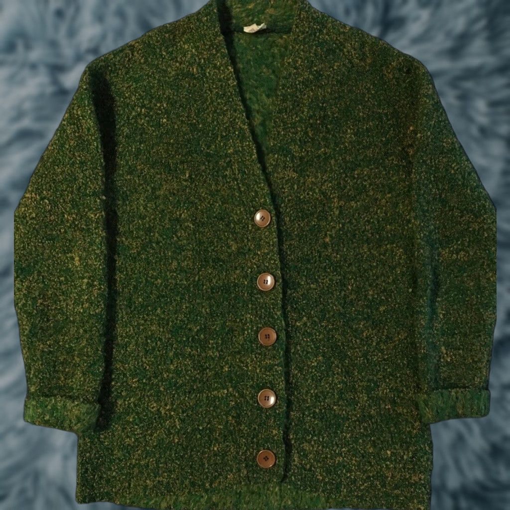 Vintage Vtg 70s Speckled Knit Cardigan Sweater M AOP Kurt Cobain Grunge Yellow Green Fuzzy 80s Size M / US 6-8 / IT 42-44 - 1 Thumbnail