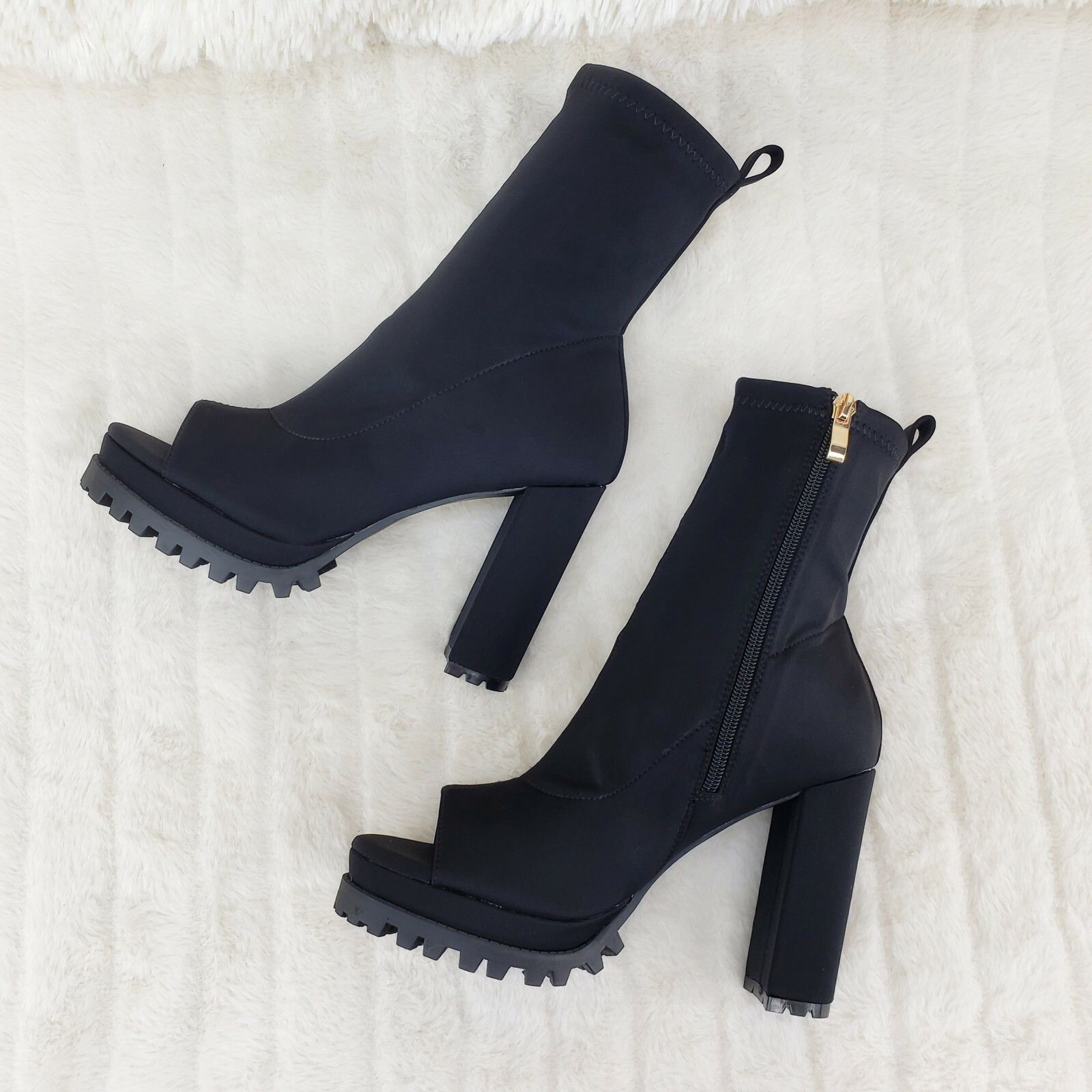 Other Natalie Black Chunky Heel Stretch Open Toe Lug Sole Ankle Bo Size US 7.5 / IT 37.5 - 7 Thumbnail