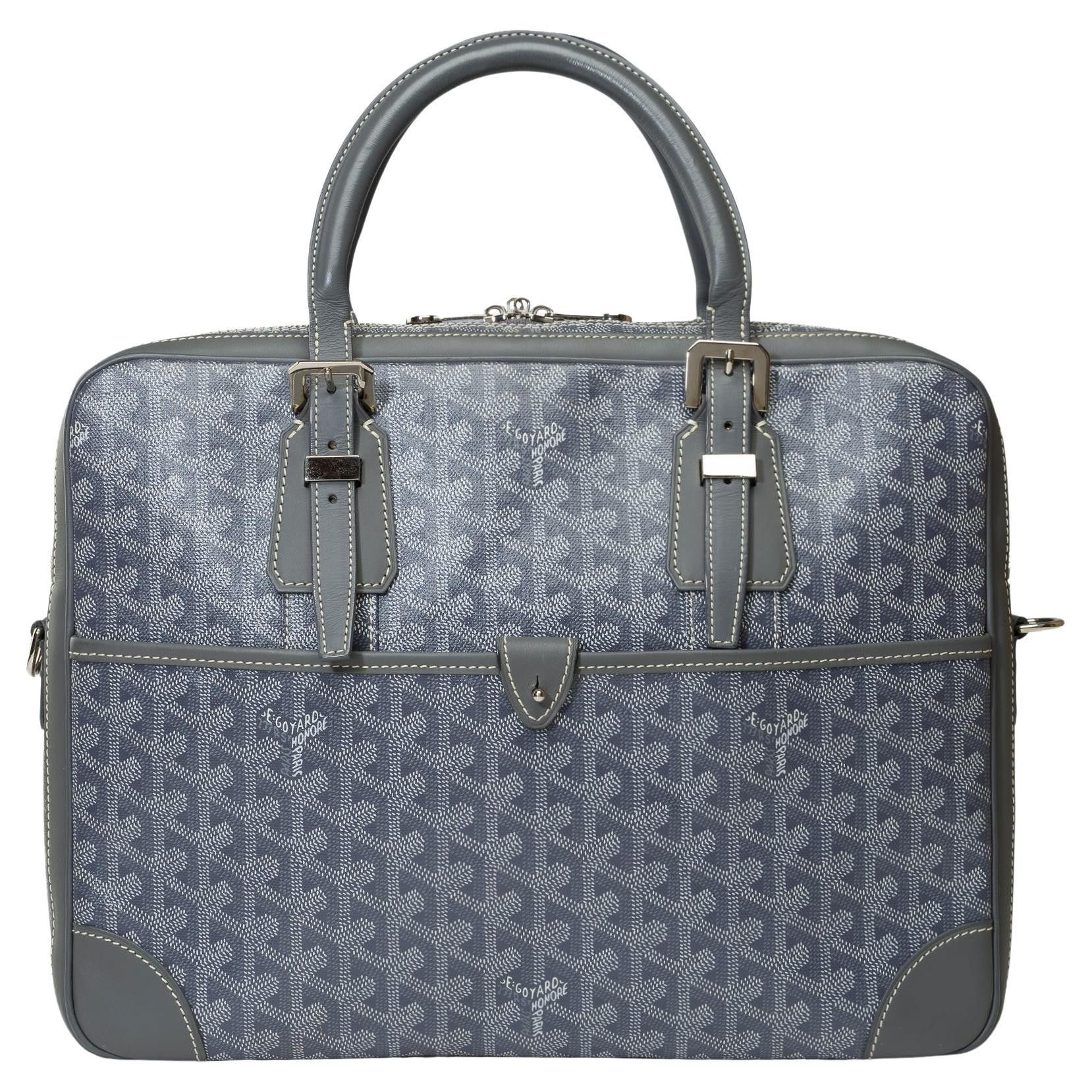 image of Goyard Chic Ambassade Pm Briefcase In Grey Ine Canvas And Leather, Shw, Women's