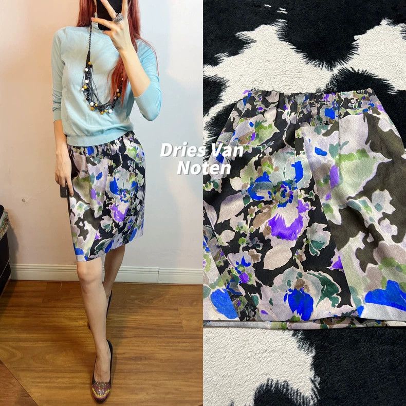 Dries Van Noten DRIES VAN NOTEN Black, white and green silk half skirt Size 35" - 1 Thumbnail
