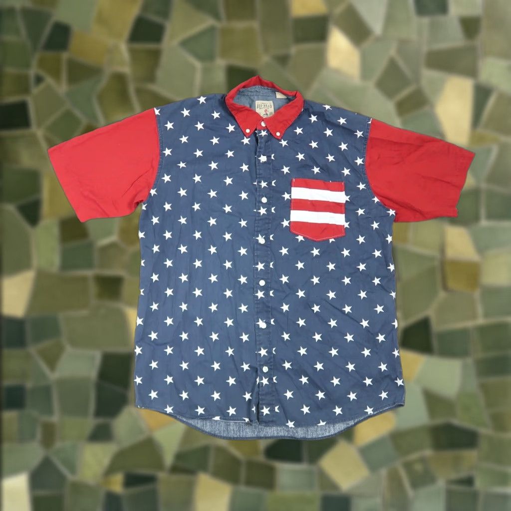 Vintage VINTAGE RedHead American Flag Shirt Men L Button-Up Short Sleeve Cotton Striped - Patriotic USA Blue Size US L / EU 52-54 / 3 - 1 Thumbnail