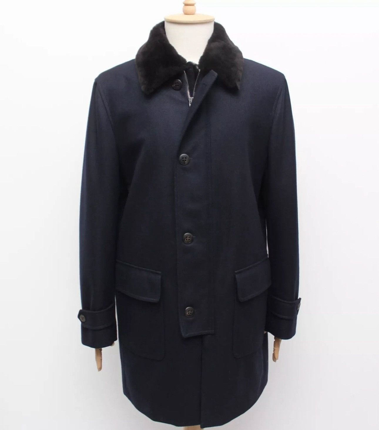 BRIONI Luxury Wool Long Navy Fur Collar Coat Overcoat fit XL
