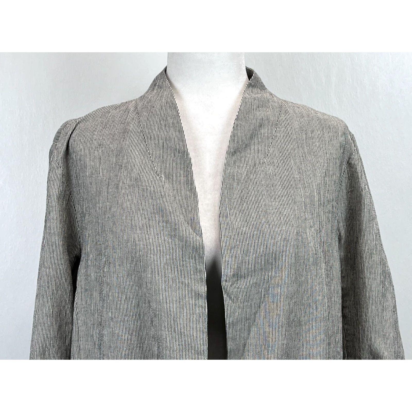Eileen Fisher Eileen Fisher Blazer Jacket Women Size Large Black Ivory Striped Organic Cotton Linen Lagenlook Open Size L / US 10 / IT 46 - 5 Thumbnail