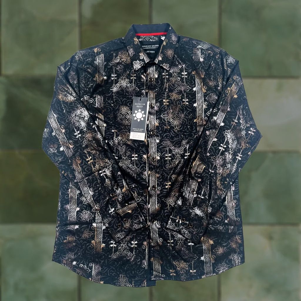 Vintage American Breed Shirt Mens Medium Black Gold Pattern Dress Shirt TRFO-17 Size US M / EU 48-50 / 2 - 1 Thumbnail