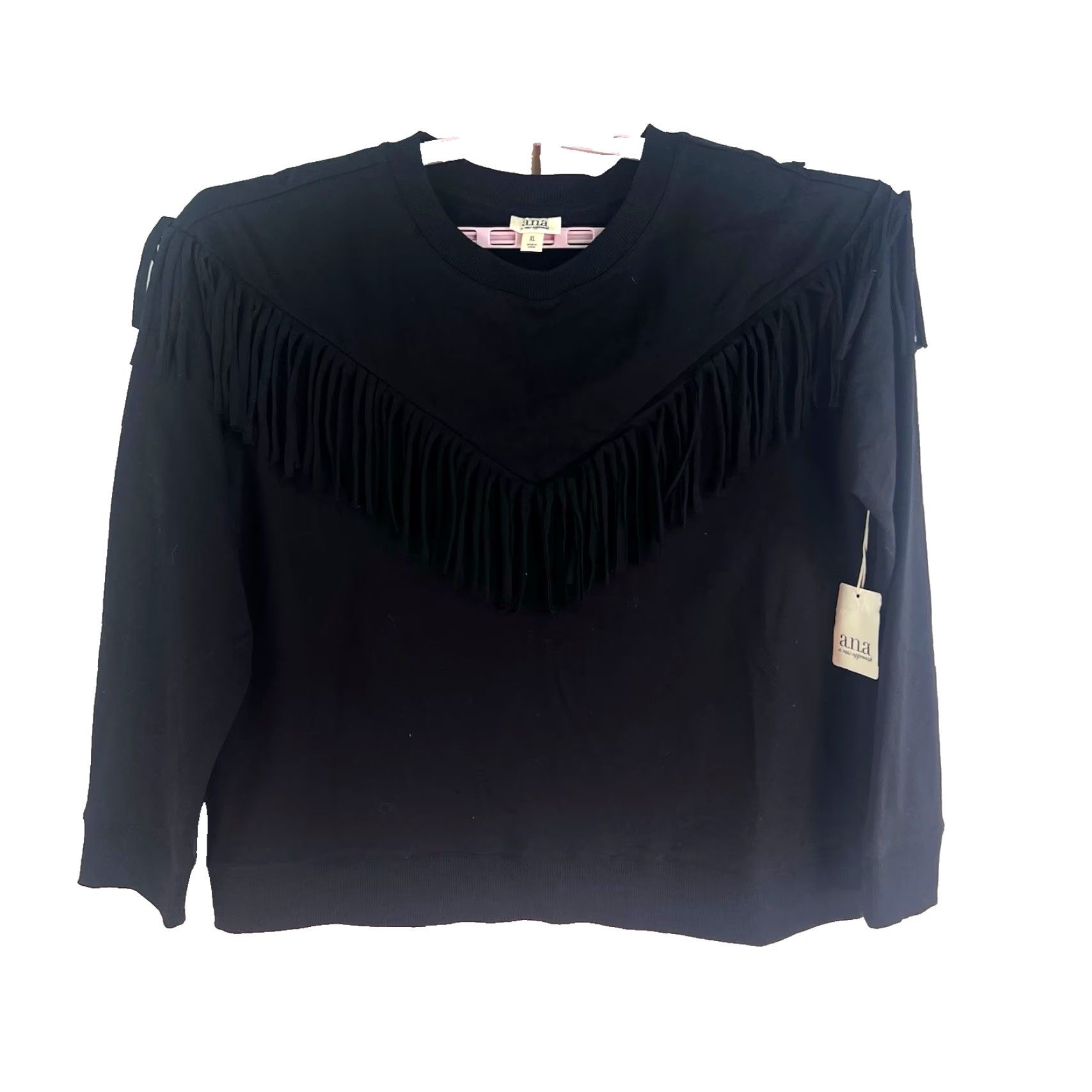 Vintage a.n.a. Fringe Western Long Sleeve Top Womens XL White Knit Cotton Blend Pullover Fringe 90s Western Style Womens Size XL Size XL / US 12-14 / IT 48-50 - 2 Thumbnail
