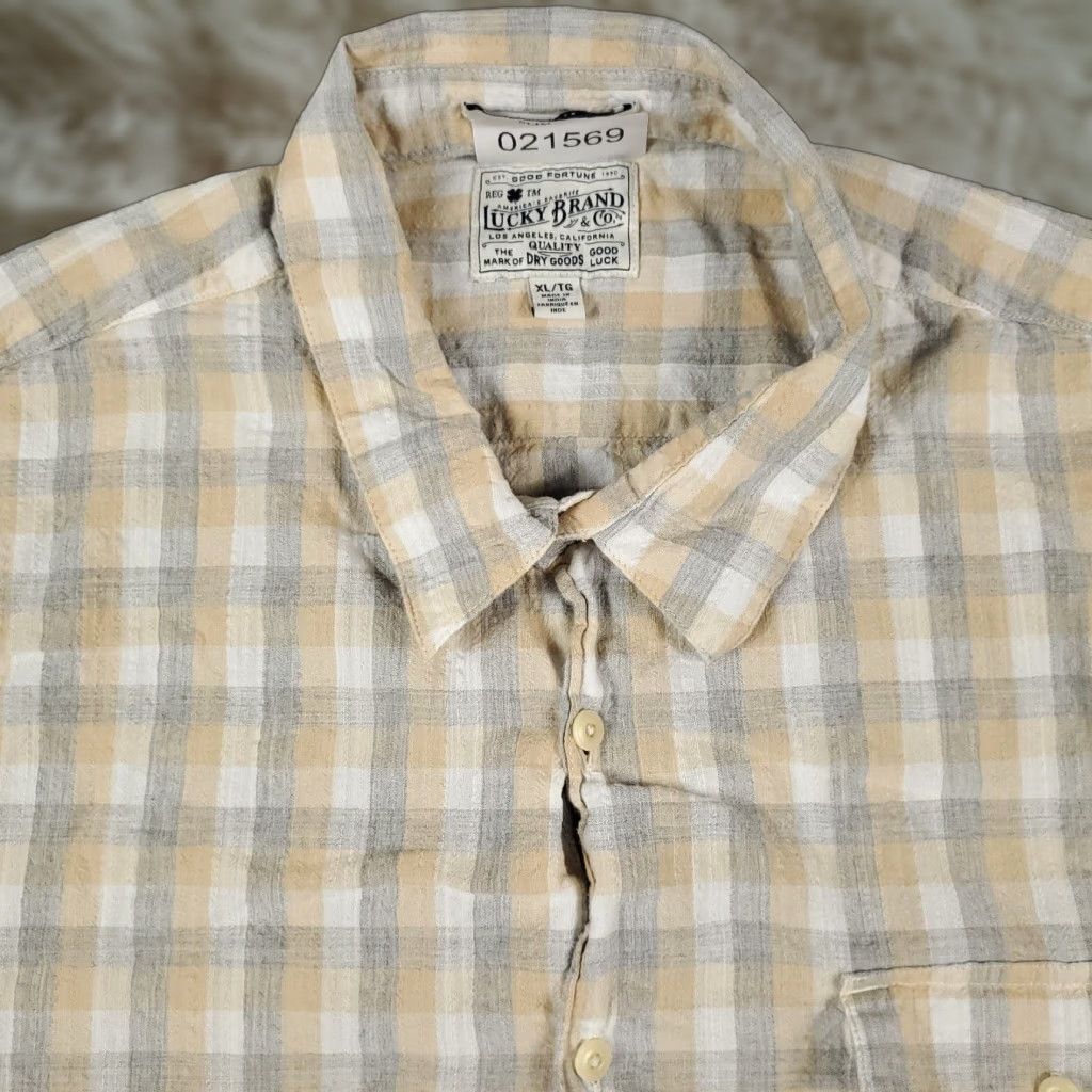 Lucky Brand Lucky Brand Button-Up Shirt Mens XL Beige Gray Check Casual Short Sleeve Size US XL / EU 56 / 4 - 1 Thumbnail