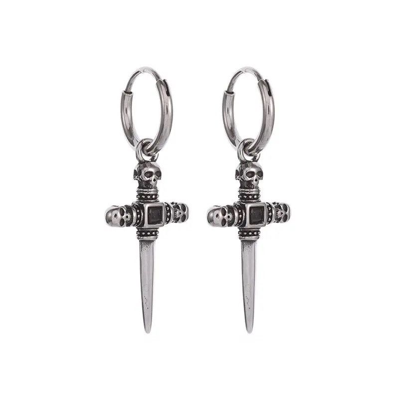 Jewelry Skull Head Sword Cross Dangle Earrings Size ONE SIZE - 6 Thumbnail