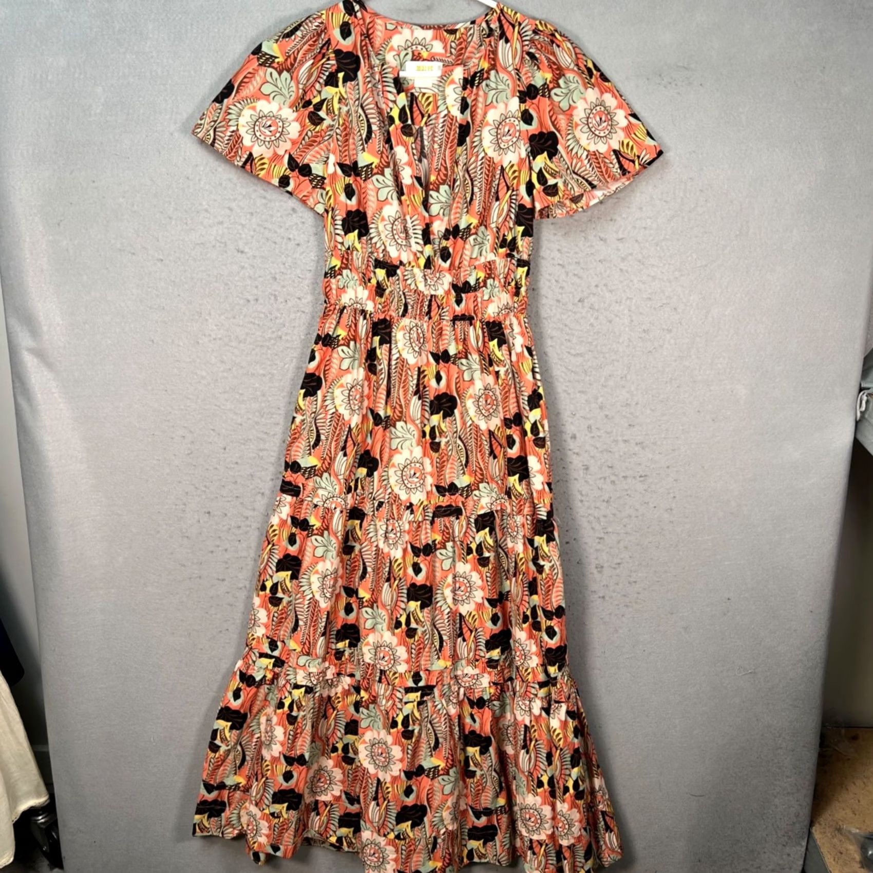 Anthropologie VINTAGE Maeve Anthropologie Maxi Dress Floral V-Neck Flutter Sleeve 2XS Orange Womens Size XXS / US 00 / IT 34 - 2 Thumbnail