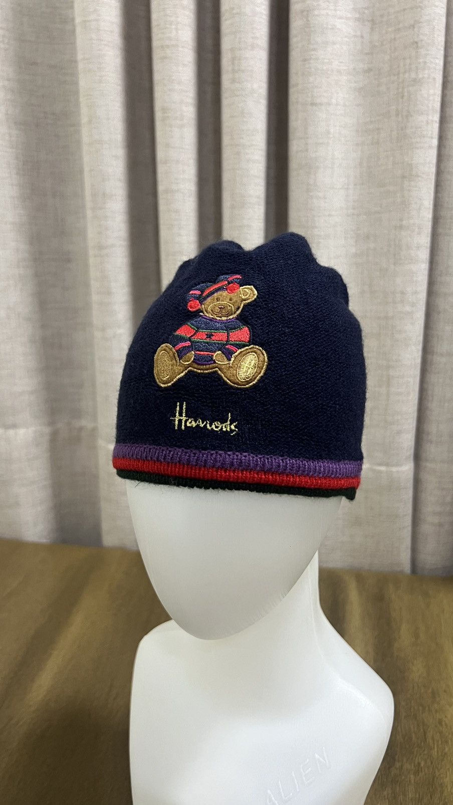 Y2K Harrods Embroidery Knit Wool Beanie in Blue, Men's